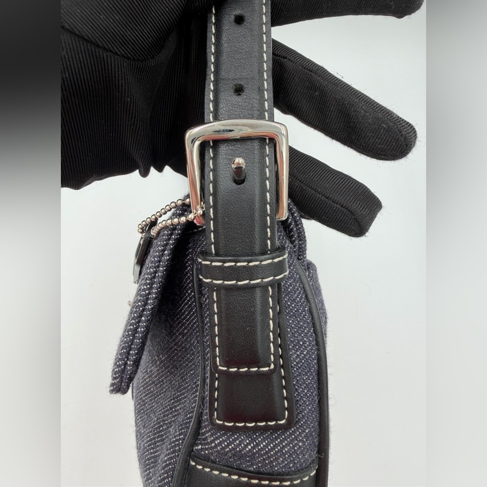 Vintage Coach E0J-7763 Black Denim Wool Flap Shoulder Bag Y2K Baguette Buckle - Picture 7 of 15